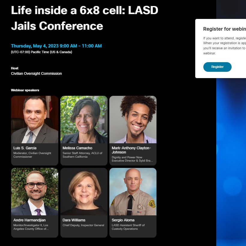 Conference on jails:  Life inside a 6x8 cell.

Speakers: 
- @LACountyCOC Luis S. Garcia
- Melissa Camacho, @ACLU_SoCal 
- @PowerDignity Mark-Anthony Clayton-Johnson @FlyEgret
- OIG Dara Williams & Andre Harmandjian
- @LASDHQ Sergio Aloma

5/4 at 9am
https://t.co/63MZu3TPqf https://t.co/h7JV95haFI https://t.co/LP9oFLIX9P