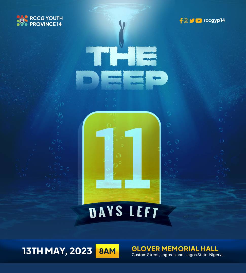 RccgYp14's tweet photo. Are you ready to dive in? 

Only 11 days until The Deep Conference! 🌊 

Register for this encounter with Jesus by clicking on the link in our bio.

#TheDeep #TheDeepConference #Deeper #rccgyp14 #TheDeepChallenge #DeeperInFaith #WorshipAndWord #rccg https://t.co/urb1WeCtm9