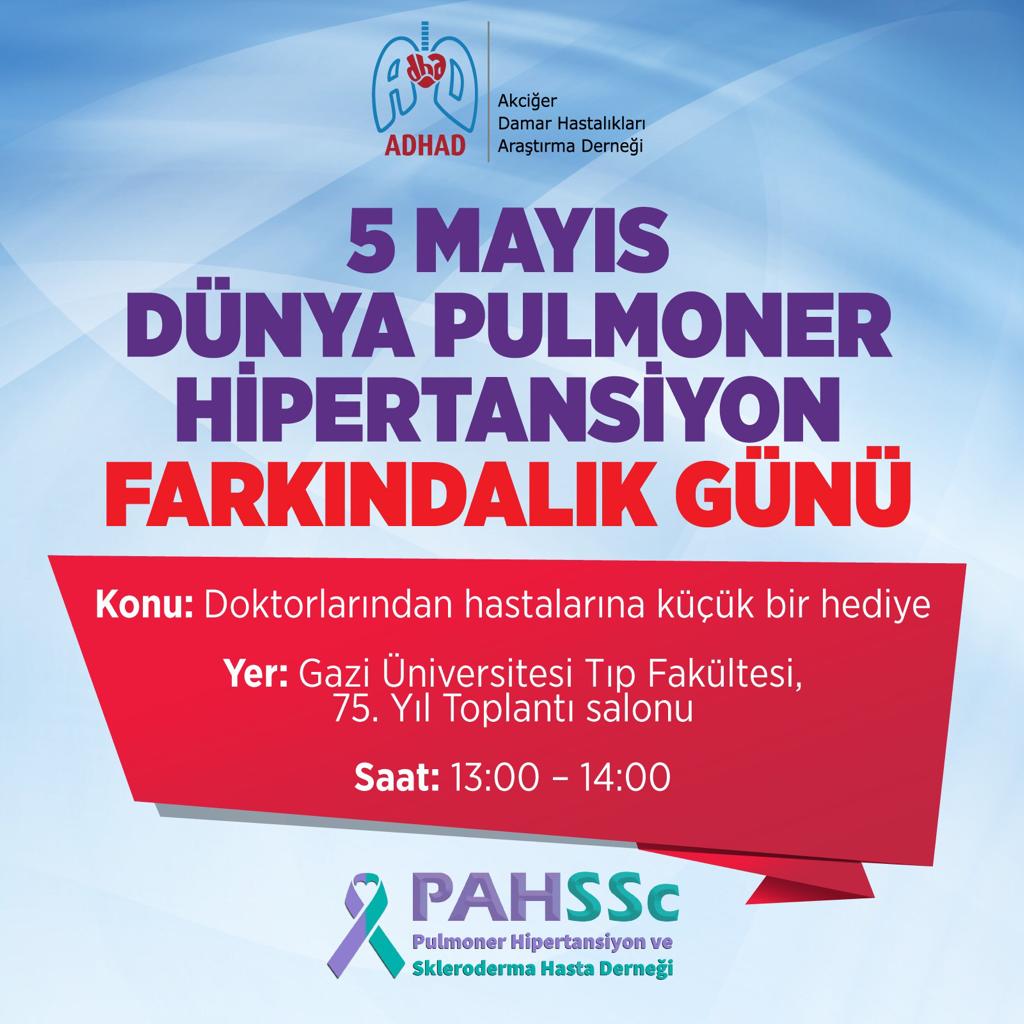 PAHSScDernegi's tweet photo. 5 Mayıs Dünya Pulmoner Hipertansiyon Farkındalık Günü
Konu: Doktorlarından hastalarına küçük bir hediye
Tarih: 5 Mayıs 2023
Saat: 13:00 - 14:00
Yer: Gazi Üniversitesi Tıp Fakültesi, 75. Yıl Toplantı salonu - Ankara
#adhad #pahssc #pulmonerhipertansiyon @adhadorg @drserdarkula https://t.co/evYeT6SZP9