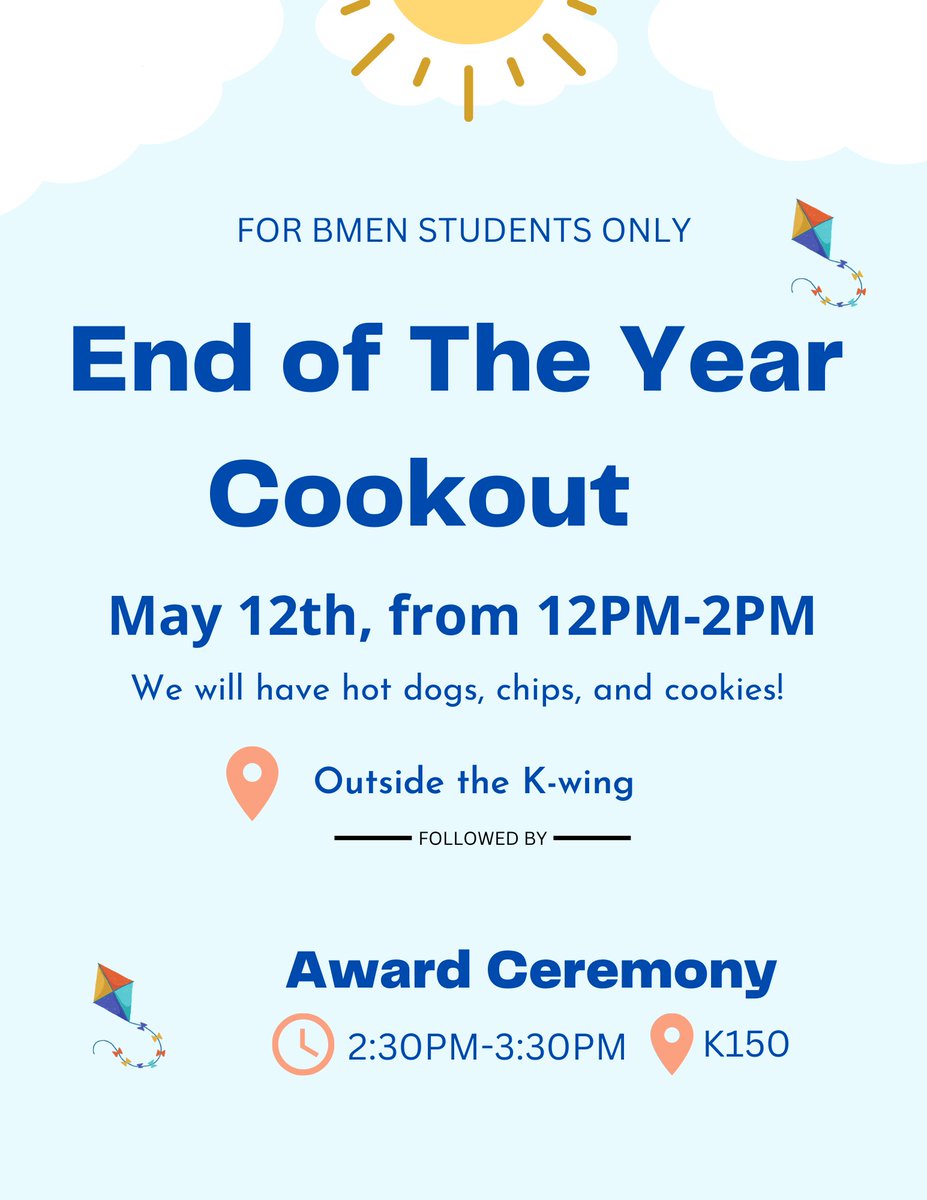 We would love for you to join us next Friday, May 12th, for the annual End of The Year Cookout!

 Don't forget to RSVP!