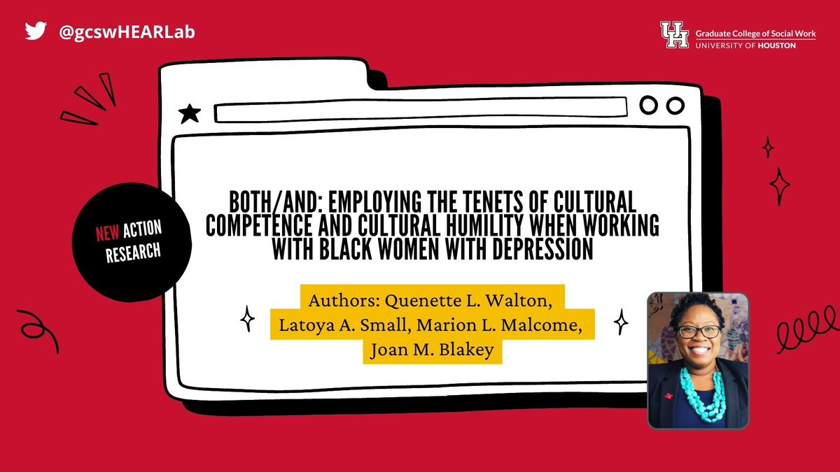 GCSW HEAR Lab (@gcswhearlab) on Twitter photo NEW #ActionResearch from <a href="/DrQLWalton/">Dr. Quenette L. Walton</a> at <a href="/UH_SocialWork/">UH Graduate College of Social Work</a> aims to address the lack of sociocultural awareness within current clinical interventions while working with people from diverse ethnic groups, specifically Black women. Read our summary: buff.ly/3nnMYBe NEW #ActionResearch from <a href="/DrQLWalton/">Dr. Quenette L. Walton</a> at <a href="/UH_SocialWork/">UH Graduate College of Social Work</a> aims to address the lack of sociocultural awareness within current clinical interventions while working with people from diverse ethnic groups, specifically Black women. Read our summary: buff.ly/3nnMYBe