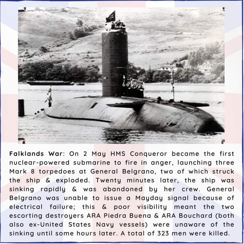 BritishHistorym's tweet photo. #otd 2 May 1982 – Falklands War: The British nuclear submarine HMS Conqueror sinks the Argentine cruiser ARA General Belgrano.
#FalklandsWar #HMSConqueror #Royalnavy #Britishhistory #onthisdayinhistory https://t.co/UElGXLwNDh