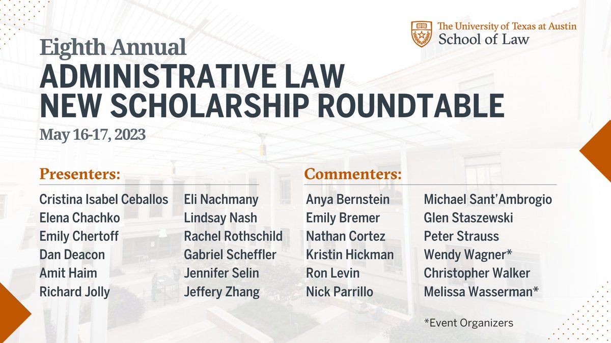 Melissa Wasserman (@melissawasserma) on Twitter photo Wendy Wagner and I are excited to host the 8th Annual
Administrative Law Roundtable at <a href="/UTexasLaw/">UTexasLaw</a> two weeks from today! Presenters/commenters include <a href="/ElenaChachko/">Elena Chachko</a> <a href="/Claussen_K/">Kathleen Claussen</a> <a href="/danieltdeacon/">Dan Deacon</a> <a href="/AmitHaim/">Amit Haim</a> <a href="/EliNachmany/">Eli Nachmany</a> <a href="/chris_j_walker/">Chris Walker</a> <a href="/emilysbremer/">Emily S. Bremer</a> <a href="/khickmanjd/">Kristin Hickman</a> and more! Wendy Wagner and I are excited to host the 8th Annual
Administrative Law Roundtable at <a href="/UTexasLaw/">UTexasLaw</a> two weeks from today! Presenters/commenters include <a href="/ElenaChachko/">Elena Chachko</a> <a href="/Claussen_K/">Kathleen Claussen</a> <a href="/danieltdeacon/">Dan Deacon</a> <a href="/AmitHaim/">Amit Haim</a> <a href="/EliNachmany/">Eli Nachmany</a> <a href="/chris_j_walker/">Chris Walker</a> <a href="/emilysbremer/">Emily S. Bremer</a> <a href="/khickmanjd/">Kristin Hickman</a> and more!