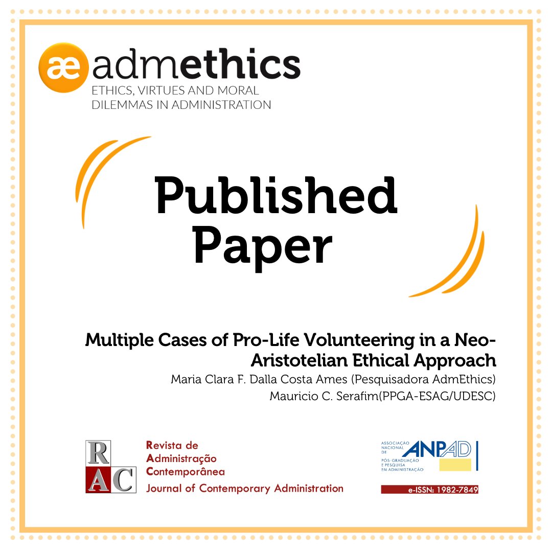 This article seeks to understand the relationship between moral virtues and phronesis from volunteers of civil society organizations that work for the protection and help of pregnant women. <a href="/mariaclaraames/">Maria Clara Ames</a>  <a href="/mauricioserafim/">Mauricio C. Serafim</a>. Click here to read it all: l1nq.com/4PpuX