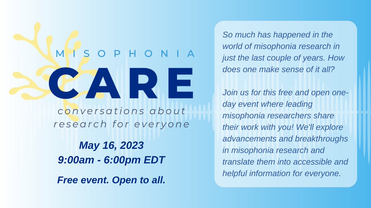 Tune in to #CAREforMisophonia on May 16 as community members unite to discuss new research &amp; what it may mean for those living with #misophonia. All talks will be freely available on <a href="/SoQuietOrg/">SoQuiet Misophonia Support</a> YouTube after the event. Learn more &amp; register: soquiet.org/care
