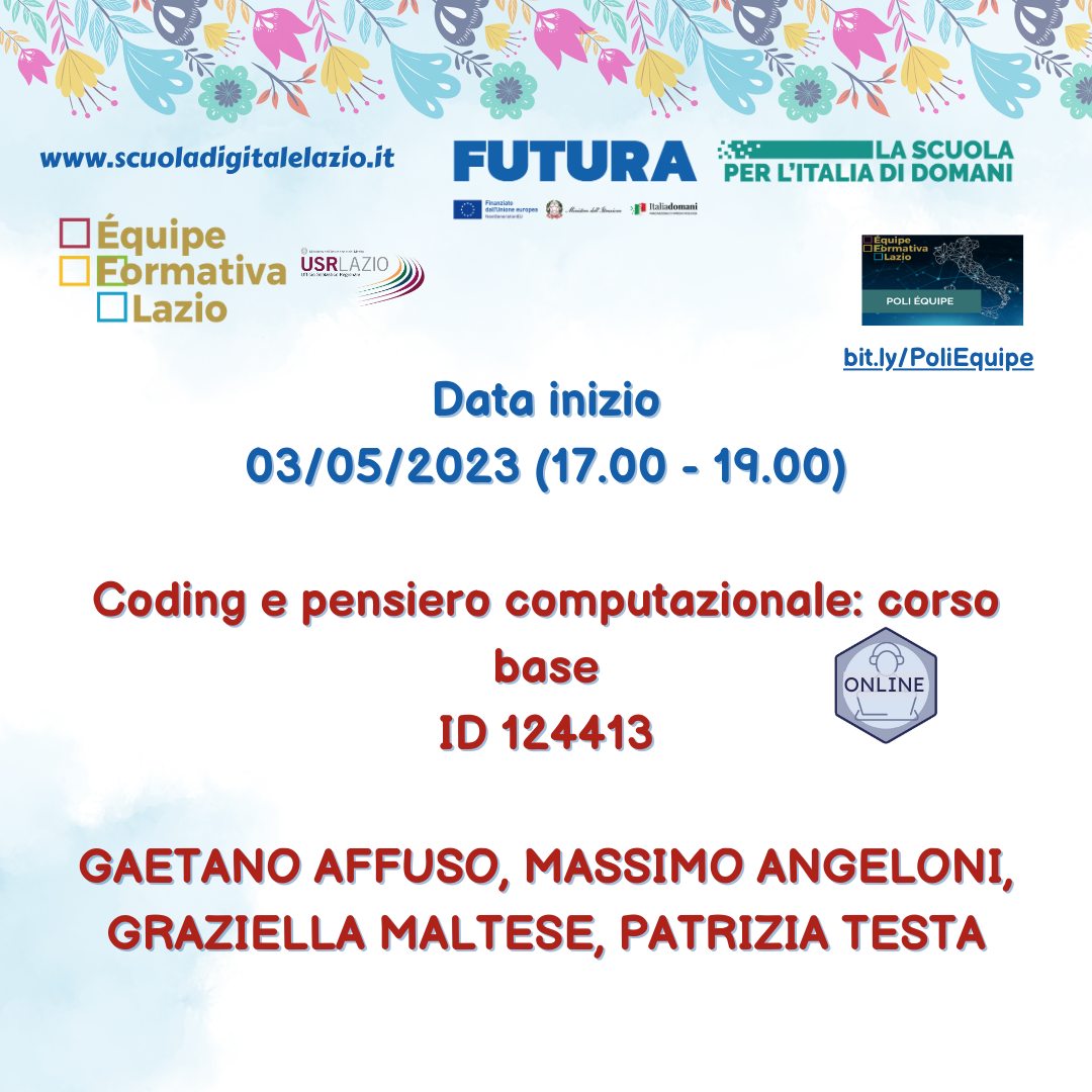 In partenza domani il corso online "Coding e pensiero computazionale"
Per iscrizioni su SCUOLA FUTURA 📷
scuolafutura.pubblica.istruzione.it/coding-e...