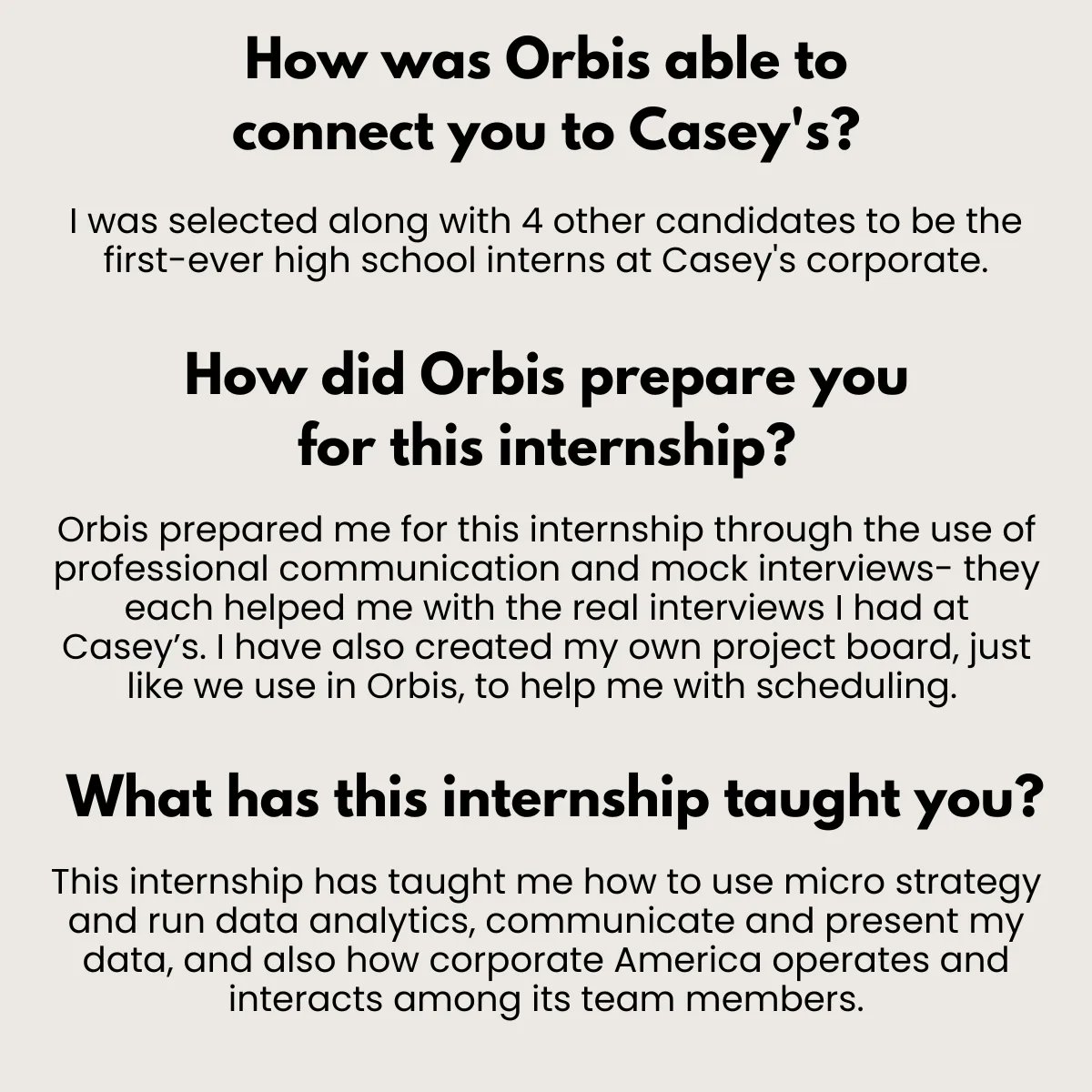 We are excited to introduce our very first internship spotlight! This student along with a few others has had the amazing opportunity to work with Casey's in developing their professional skills.