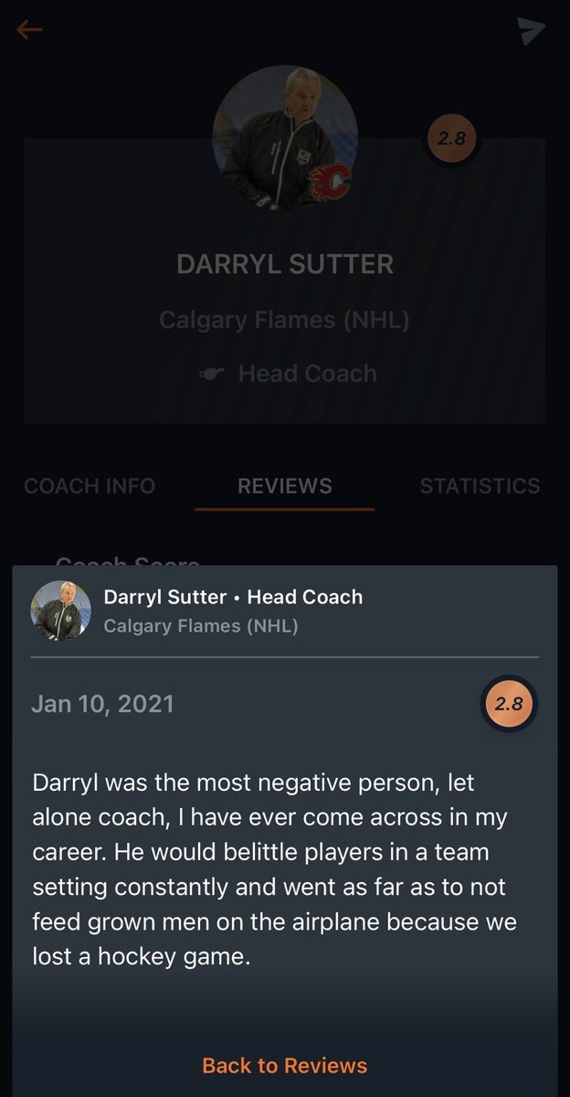 There is a website that allows anonymous hockey players to rate coaches. Here is what one had to say about their experience with Darryl Sutter. #Flames