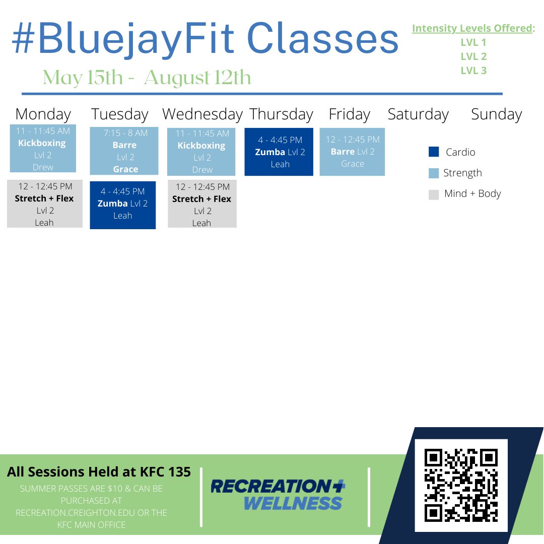 CreightonRec's tweet image. Check out our summer #BluejayFitness class schedule! You can purchase your summer group fitness pass for only $10 right now at recreation.creighton.edu