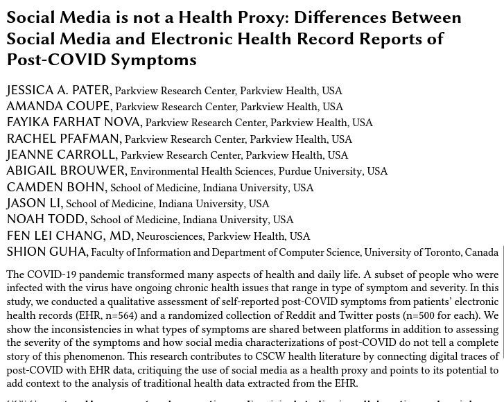 Our paper 'Social Media is not a Health Proxy: Differences Between Social Media and EHR Reports of Post-COVID Symptoms' has been accepted to #CSCW2023!  dl.acm.org/doi/10.1145/35…🧵