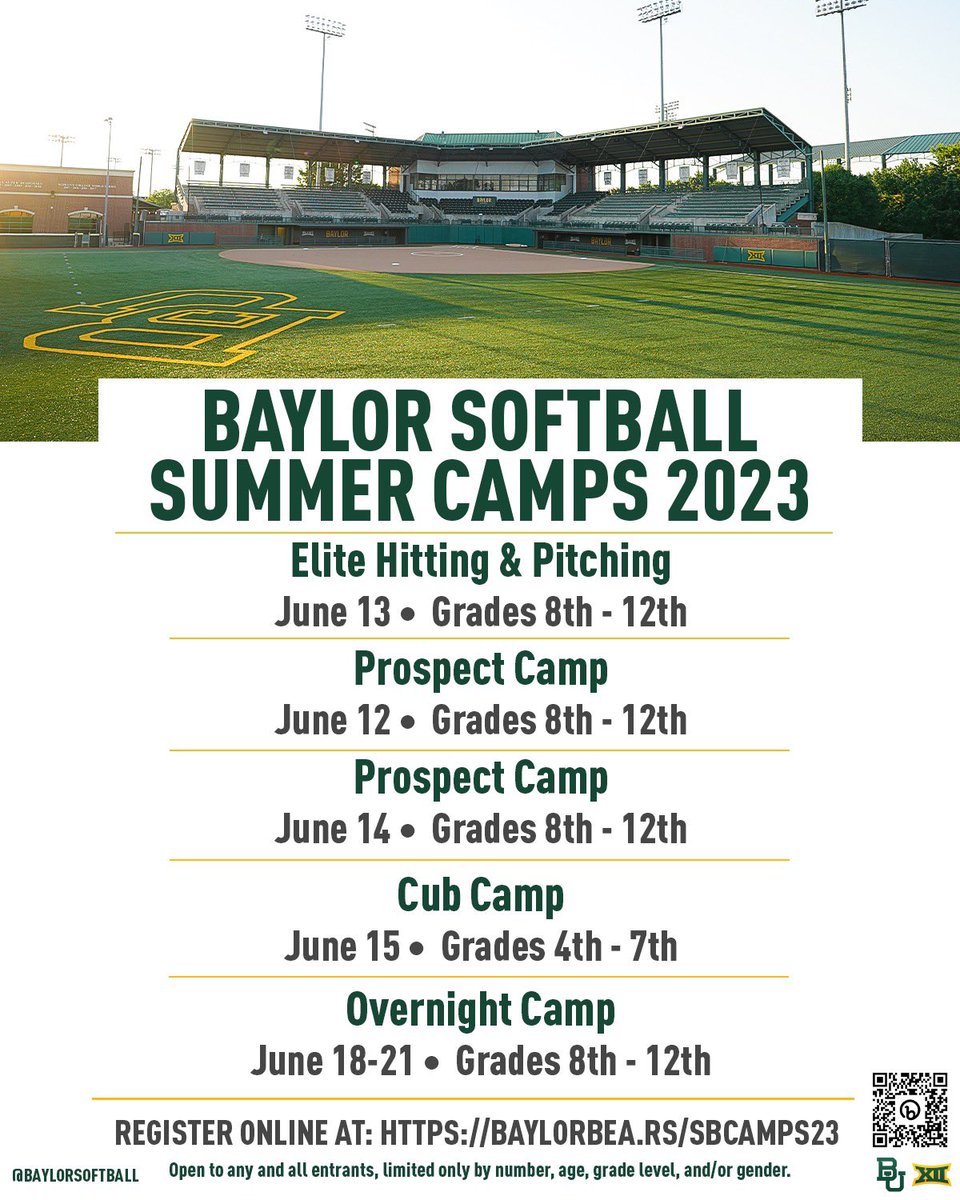 It’s almost CAMP time!!! 

Sign up today for one of our 🖐️ camps this summer ⤵️
baylorbea.rs/SBCamps23

#SicEm 🐻🥎