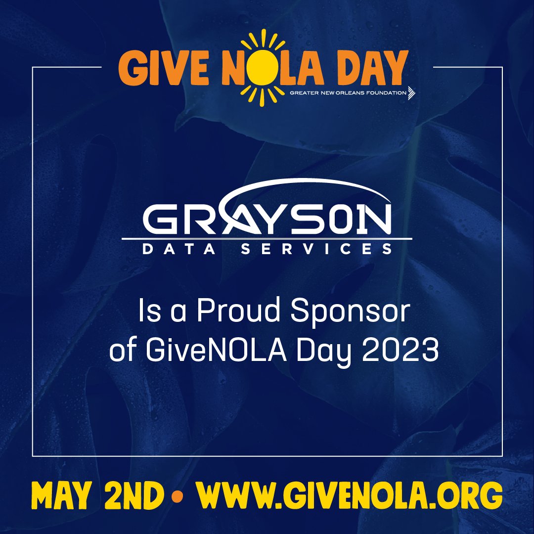 GraysonData's tweet photo. Today, GDS is celebrating a day of giving. HAPPY #GIVENOLA DAY!
NOW is the time to donate to your favorite nonprofit(s) in the Greater New Orleans region. Visit https://t.co/QaAlVIRwQn to support your favorite causes!
#GiveNOLADay #GiveNOLA #GiveNOLADay23 #GiveNOLA23 https://t.co/p6FMiy1MyR