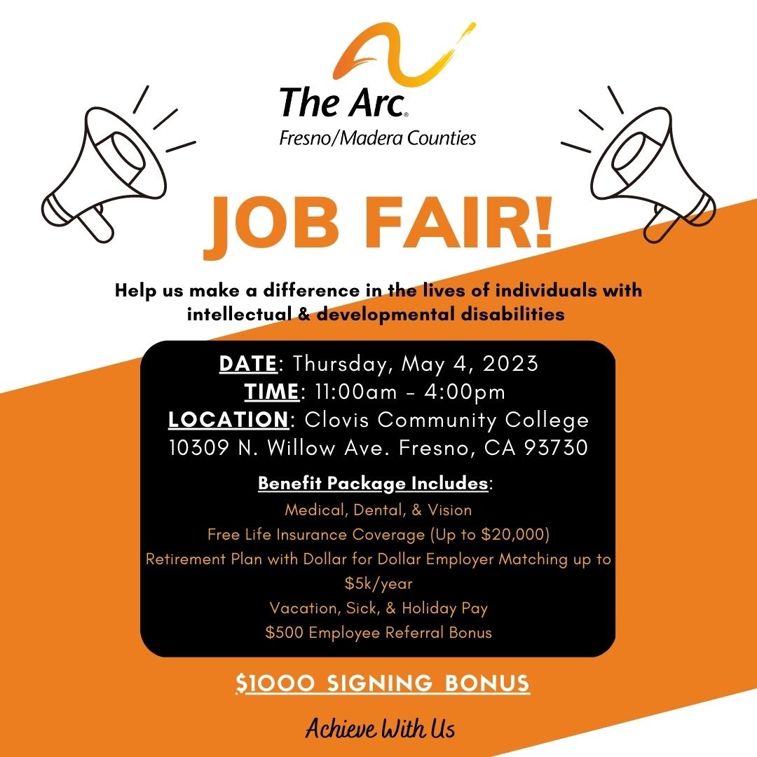 We are attending a job fair at Clovis Community College tomorrow, 5/4 from 11am-4pm. If you are looking for a job and interested in working with adults with developmental disabilities, please stop by our table!
