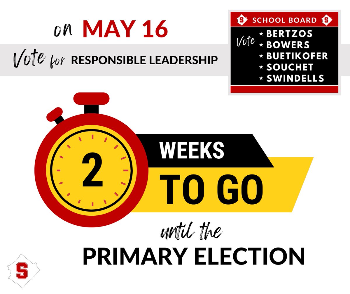 Primary election day is 2 weeks away: Tues, May 16!

Please make a plan to vote, and vote for Responsible Leadership for SASD School Board: * Kristina Bertzos * Elise Bowers * Rosemary Buetikofer * Andrew Souchet and * Scott Swindells!

#vote #may16 #responsibleleadership #sasd