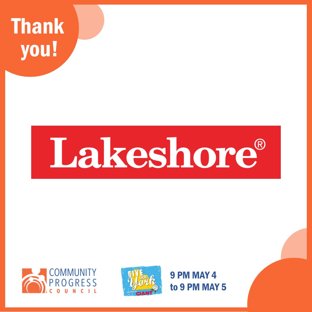 Community Progress Council (@progresscouncil) on Twitter photo Thank you to <a href="/LakeshoreLM/">Lakeshore Learning</a> for their generous support of Community Progress Council through <a href="/givelocalyork/">Give Local York</a>!
During their special match hour from noon to 1 p.m. Friday, May 5, every gift up to $200 will be matched 2:1.
#GiveLocalYork #IAmProgress #ThankYou Thank you to <a href="/LakeshoreLM/">Lakeshore Learning</a> for their generous support of Community Progress Council through <a href="/givelocalyork/">Give Local York</a>!
During their special match hour from noon to 1 p.m. Friday, May 5, every gift up to $200 will be matched 2:1.
#GiveLocalYork #IAmProgress #ThankYou