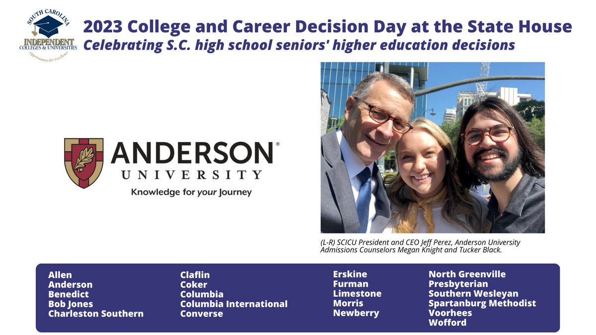 Great time celebrating #SouthCarolina's #highschoolseniors at College & Career #DecisionDay2023 held at #SCStateHouse! I enjoyed meeting #SCICU member @AndersonUnivSC's admissions counselors. SCICU's college guide: scicu.org/scicu-guide-to……
@SCETV @SCCommHigherEd @SCCANGO