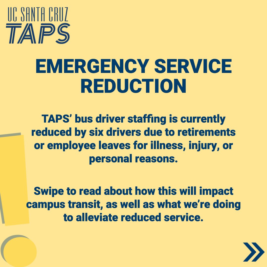 ucsc_taps's tweet photo. Due  to a significant reduction to our driver staffing, we have made the  difficult decision to temporarily reduce service for the remainder of  the spring quarter. Reductions will be effective May 8th through the end  of the quarter. https://t.co/Dujdch5G5K for full details. https://t.co/9TvJJmApAI