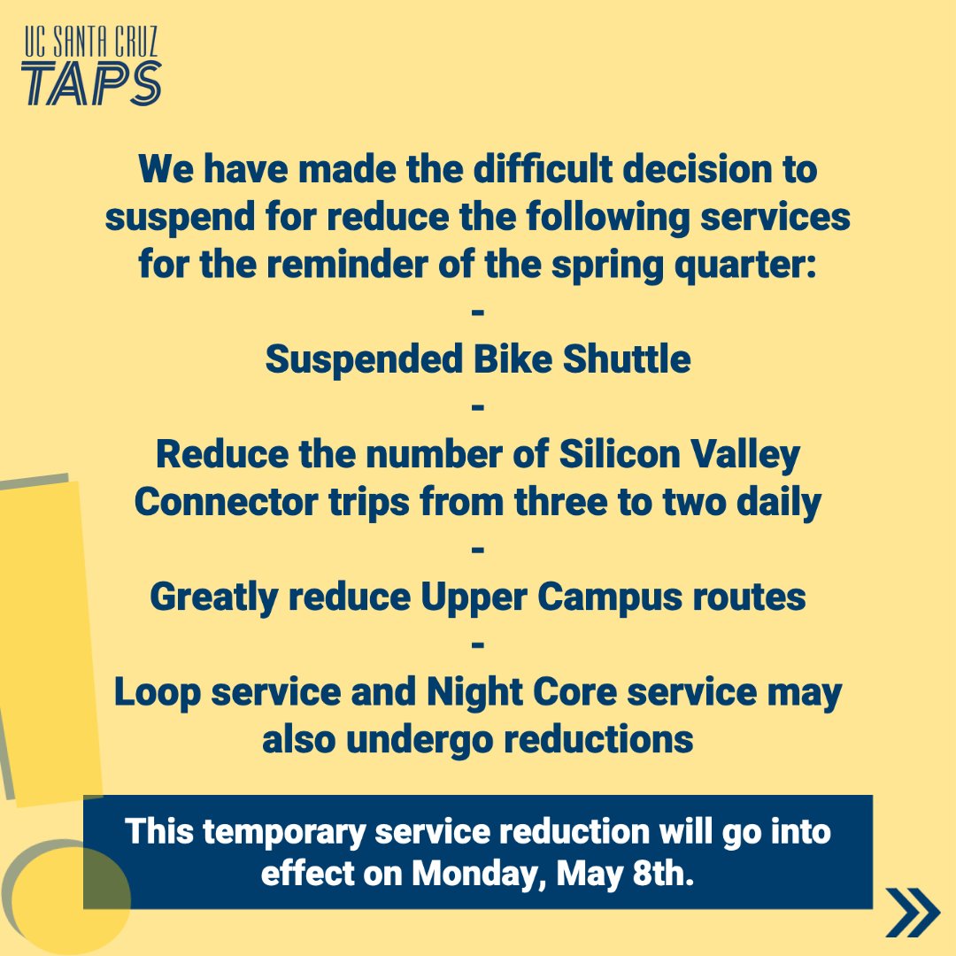 ucsc_taps's tweet photo. Due  to a significant reduction to our driver staffing, we have made the  difficult decision to temporarily reduce service for the remainder of  the spring quarter. Reductions will be effective May 8th through the end  of the quarter. https://t.co/Dujdch5G5K for full details. https://t.co/9TvJJmApAI