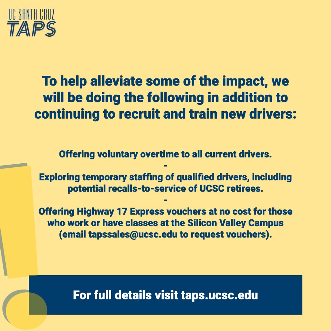 ucsc_taps's tweet photo. Due  to a significant reduction to our driver staffing, we have made the  difficult decision to temporarily reduce service for the remainder of  the spring quarter. Reductions will be effective May 8th through the end  of the quarter. https://t.co/Dujdch5G5K for full details. https://t.co/9TvJJmApAI