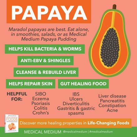 MedicalMedium's tweet photo. If you’re struggling with any kind of stomach or intestinal disorder, papayas cannot be beat. They can help with colitis, Crohn’s, IBS, ulcers, diverticulitis, gastritis, gastric spasms, liver disease, and pancreatitis. 

More on this healing food: https://t.co/uIvLGc6KVQ https://t.co/uxeF2RmAZq