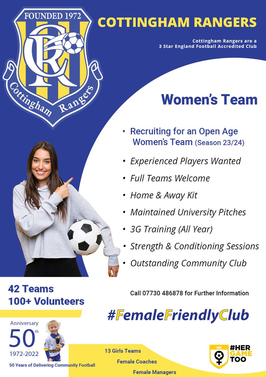 Call 07730 486878 for an informal chat, or email
Matthew.May@Cottinghamrangers.co.uk

FULL TEAMS - WELCOME
EXPERIENCED PLAYERS - WANTED
Limited Availability - So Act Fast!

<a href="/EastRidingFA/">𝗘𝗮𝘀𝘁 𝗥𝗶𝗱𝗶𝗻𝗴 𝗙𝗔</a> <a href="/erwfl/">ERWFL</a>  <a href="/HullUniSport/">University of Hull Sport & Active Wellbeing</a>