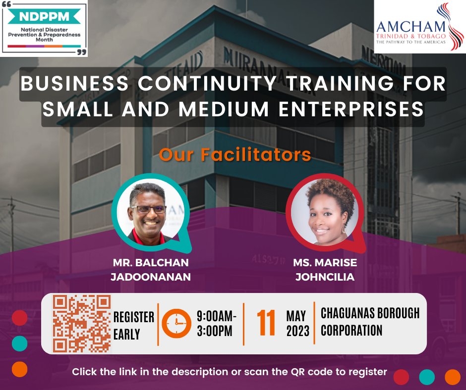 ODPM_TT's tweet photo. Attention Business Owners and Operators!

Register today for an upcoming free Business Continuity Training for Small and Medium Enterprises taking place on Thursday 11th May, at the Chaguanas Borough Corporation. 

To register, scan the QR code or click: https://t.co/A2N7Qfk4wx https://t.co/2PIJOcldYf