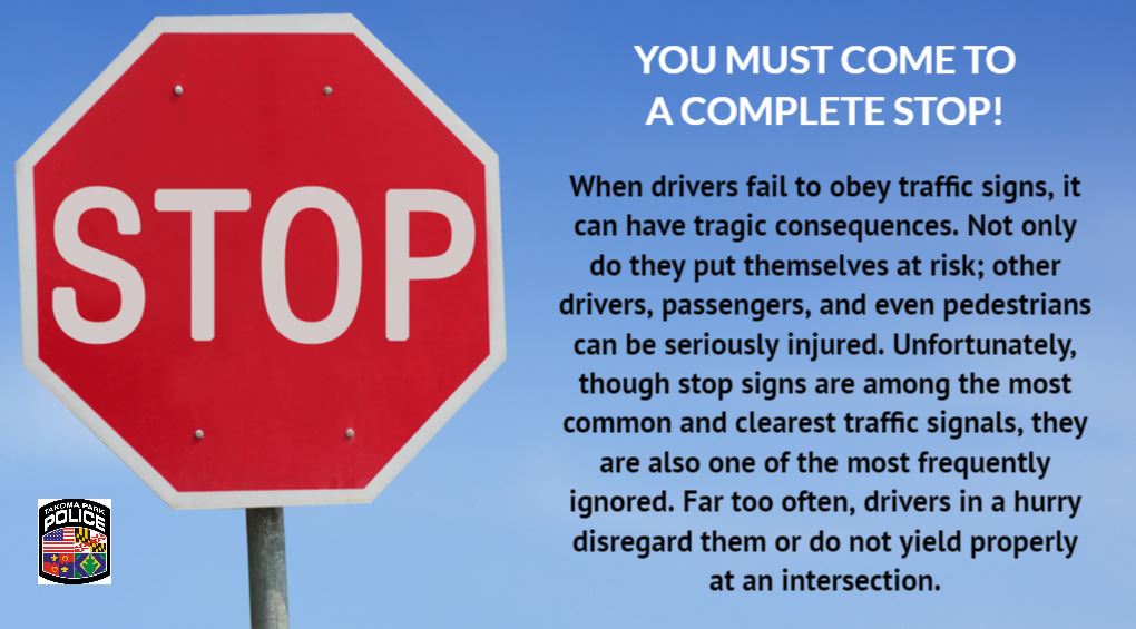 TakomaParkPD's tweet photo. Five reasons to come to a complete stop:

It's the law and you could get a ticket.
You could cause a collision or injure a pedestrian.
You're setting an example for children.
People depend on you stopping.
You're setting an example for your community.

#StopSignSafety https://t.co/kX1suUtisE