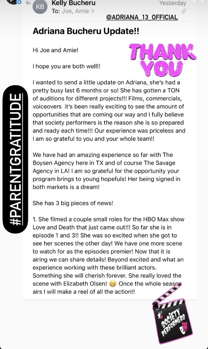 #ParentGratitude
Congratulations #SocietyPerformer and recent #SPiN aka Nationals attendee Adriana Bucheru, on your many #bookings! Love and Death on <a href="/hbomax/">HBO Max</a> and your awesome <a href="/LEGO_Group/">LEGO</a> #Commercial! 
You’re on 🔥