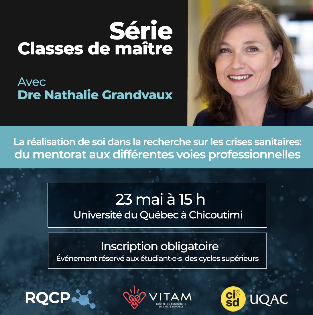 Nous sommes très heureux d'inviter les étudiant·e·s de 2e-3e cycle à participer à une nouvelle Classe de maître donnée par <a href="/NGrandvaux/">Nathalie Grandvaux 🇨🇦</a>! 

Cette activité se tiendra le mardi 23 mai à l'<a href="/UQAC/">UQAC</a>, Saguenay (frais de transport remboursés).

Pour s'inscrire:
rqcp.ca/evenements/cla…