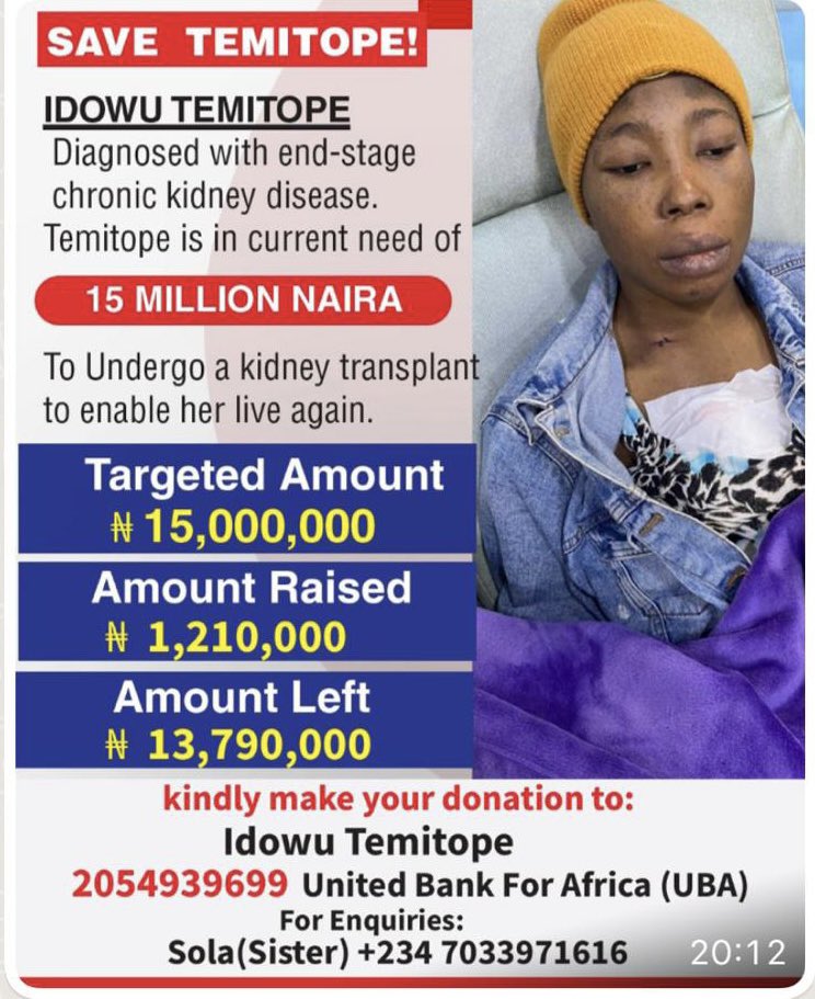 Reachracheal's tweet photo. @davido @9iceofficial @OgbomosoToday  @seyimakinde 
Pls use your kind heart to help save my sister. We are from Ogbomoso She’s just 30 yrs old diagnosed with chronic kidney failure since last year July all the money we’ve raised has gone into dialysis,we spend 100,000 per weekly https://t.co/pLFFkGBwlb