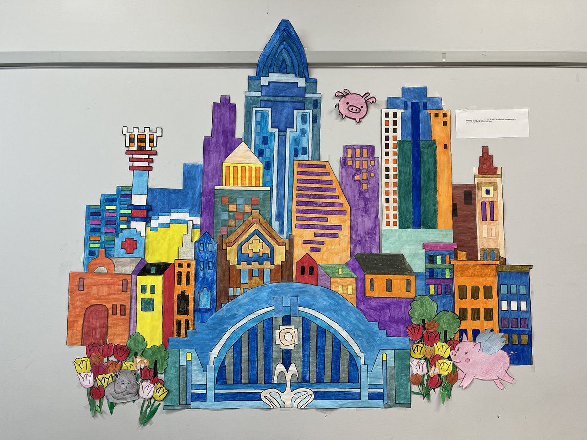 “Cincinnati, Our City” is a mural created by @EldeLeFa and our newcomers classes! It was made especially for @DrCarolSalva so she could “see” our city for our #MysterySkype It’s an honor to work with Elisa, and our amazing and talented students #VikingDiff