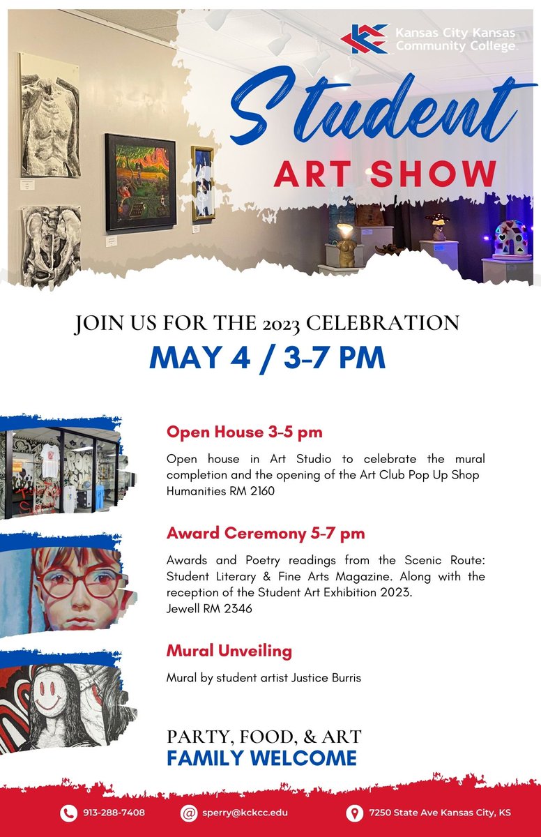 Join us May 4 for the KCKCC Visual Arts Grad Celebration, mural unveiling, and pop-up shop grand opening from 3 to 5 p.m. Then the Scenic Route Student Literary &amp; Fine Arts magazine will host an awards reception and poetry readings from 5 to 7 p.m. in the Art Gallery.