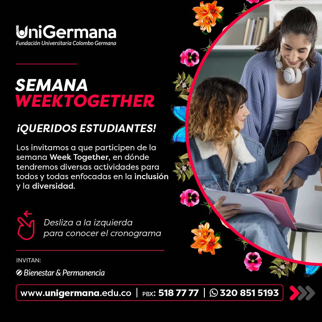 UniGermana's tweet photo. ¡Conéctate con nuestra Week Together! Tenemos sorpresas para ti 🥳 Solicita el link de zoom por nuestros canales de comunicación o docente
Sé parte de UniGermana 🦁
PBX 601 518 7777
Whatsapp 320 851 5193
#weektogether #conectate #virtual #lau #Unigermanatriunfa #Unigermana https://t.co/XgL4R4MOwn