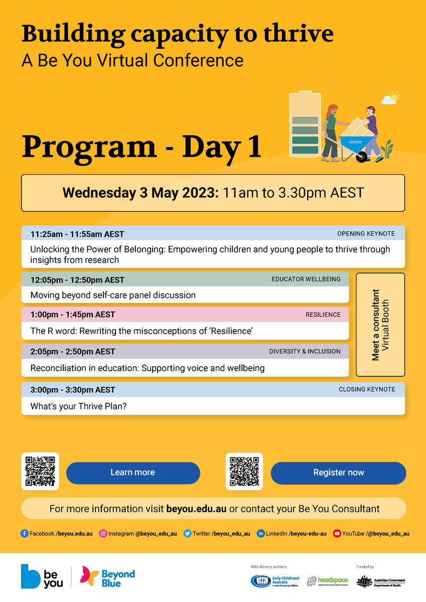 beyou_edu_au's tweet photo. The Be You Virtual Conference starts today from 11am (AEST)! Join us for a free 2-day event with a focus on key topics and practical strategies to promote mental health and wellbeing in learning communities. It's not too late to register, visit: https://t.co/XbibEWa1M9 https://t.co/Inibp7vywQ