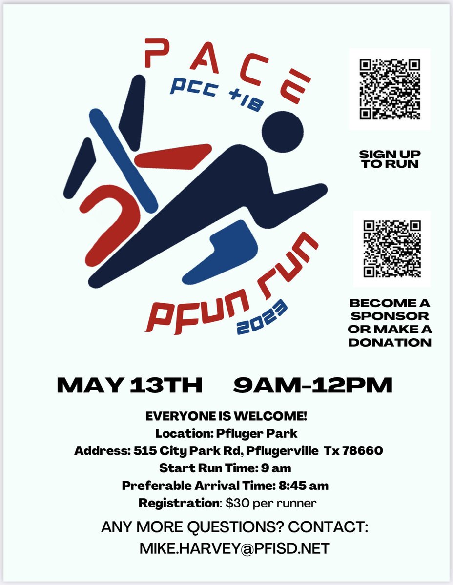 Help support the PACE program. Every runner gets a cool shirt. Run or sponsor. Use QR codes. Organized by students. Flyers and shirts designed and printed by students. Run starts at 9am.