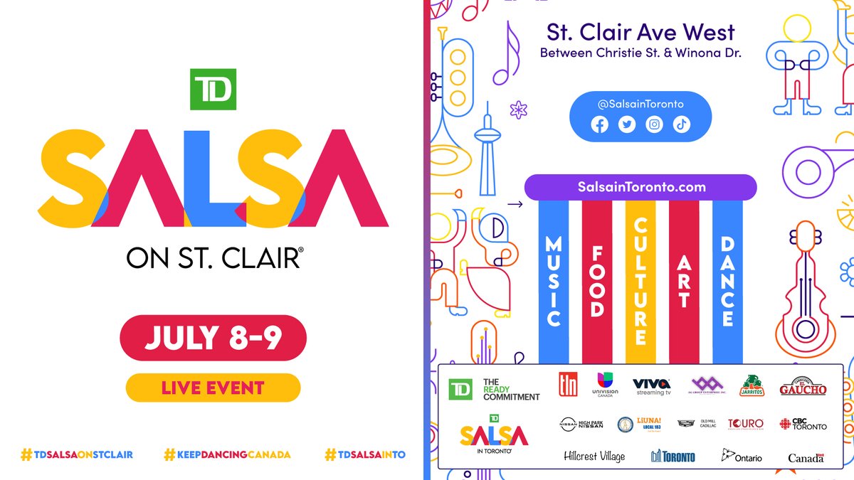 SalsaInToronto's tweet photo. The countdown is on!⏰ Join us for the TD Salsa on St Clair St Festival on July 8 &amp; 9, and experience the rhythm and passion of Latin dance, live music and delicious food! We're grateful for our incredible sponsors who have helped us bring this event to life 🙌🏼

#TDSalsaInToronto https://t.co/f4mklJIJ9U