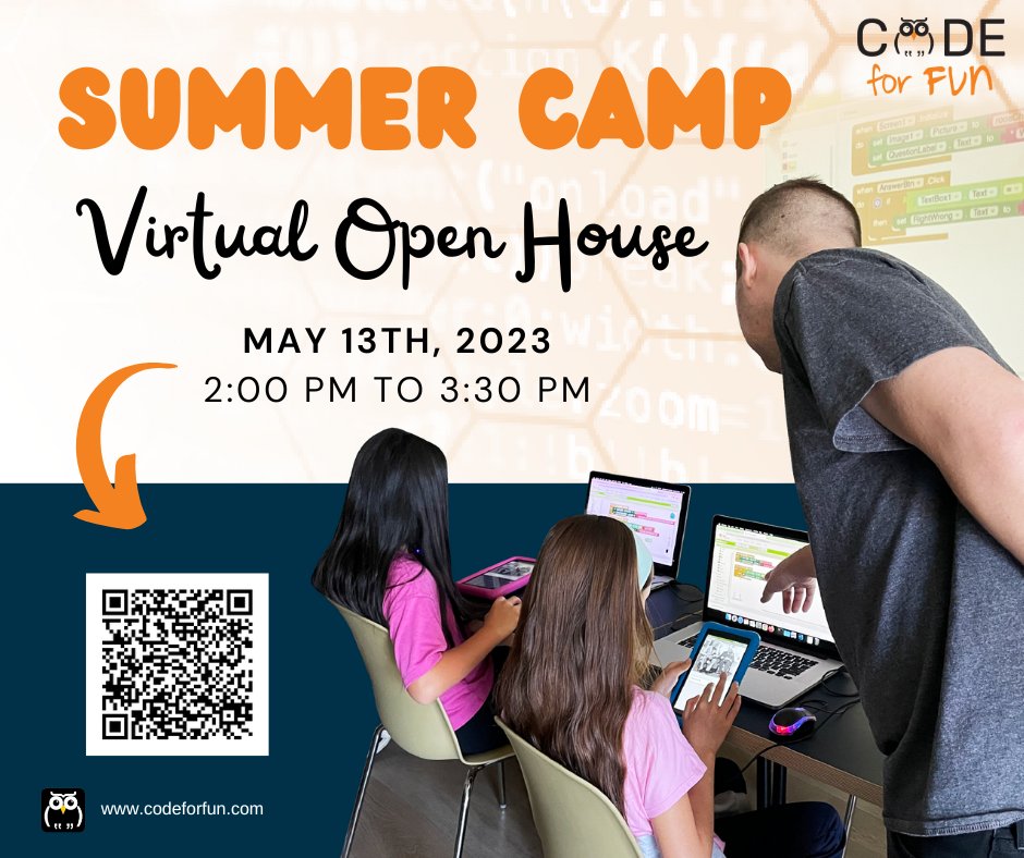 Codeforfun2's tweet image. 🌞 Don't miss Code For Fun's Virtual Open House on May 13th! Get a sneak peek at our #SummerCamp for kids aged 5-15 in #Sunnyvale, CA. Meet our team & enjoy exclusive discounts. RSVP now and help us spread the word! 👨💻👩💻 #CodeForFun #KidsCoding
zurl.co/n0Il