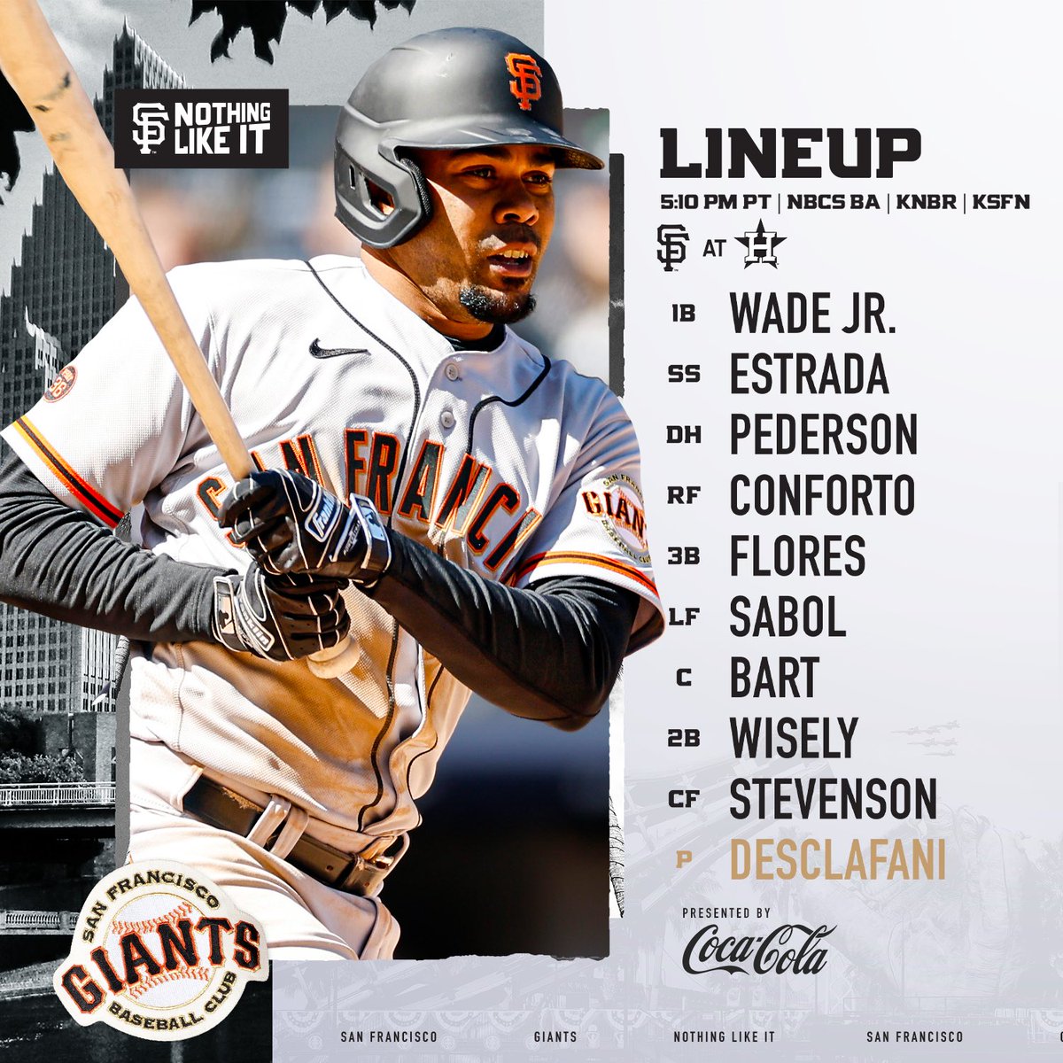 SFGiants's tweet photo. Tonight’s #SFGiants lineup in Houston ⬇️

⏰: 5:10 p.m. PT
🖥️: @NBCSGiants
📱: https://t.co/u6HWjFPmtr
📻: @KNBR | KSFN
#SFGiants  | @CocaCola https://t.co/8TODd2DRx5