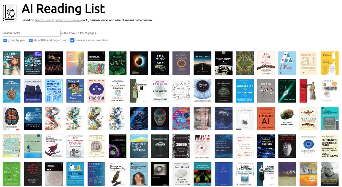 Grady Booch (<a href="/Grady_Booch/">Grady Booch</a>) is reading about AI, neuroscience, and what it means to be human and has generously shared his carefully curated reading list. 

To help navigate this list of 369 books, I've created a simple searchable visual index here
obren.io/tools/booch-ai…