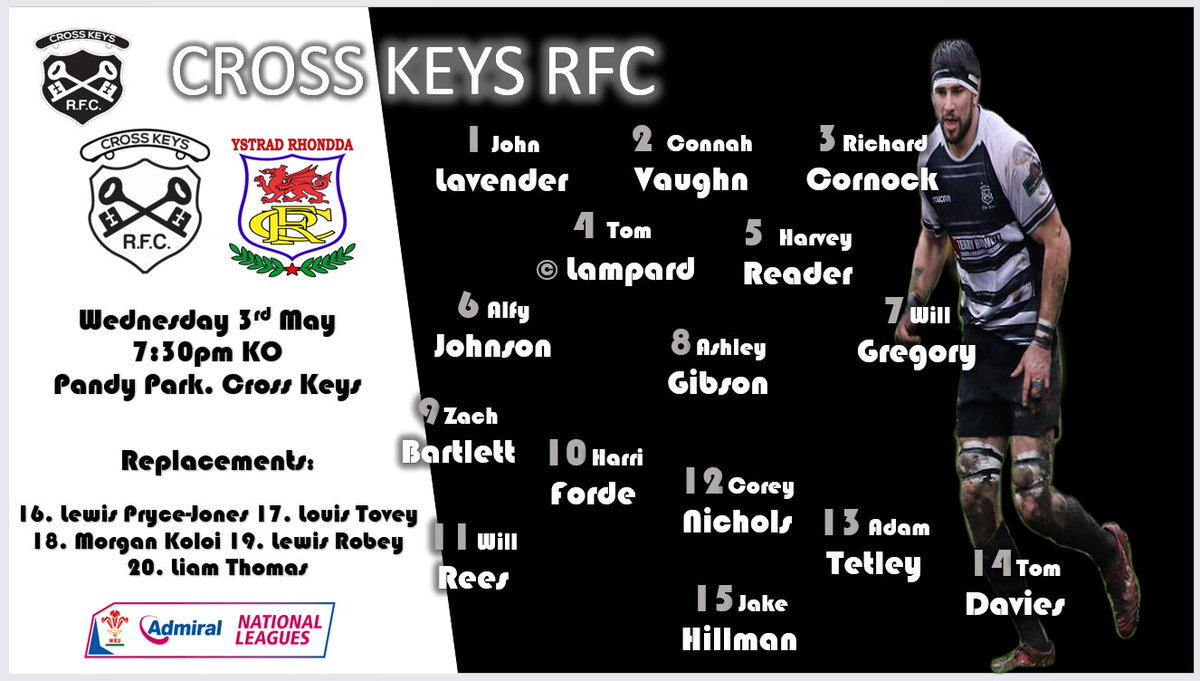 crosskeysrfc's tweet photo. ⚪️⚫️ TEAM NEWS ⚪️⚫️

Keys take on @YstradRFC  tomorrow in the @WelshRugbyUnion @WRUChampionship at Cross Keys RFC KO at 7:30PM

🆚 @YstradRFC 
🏆 @WRUChampionship
🏟️ Cross Keys RFC
📅 Wednesday 3rd May
🏉 KO 7:30pm

Support the keys!
🔑🔑🔑 https://t.co/P2Gkx55MF9