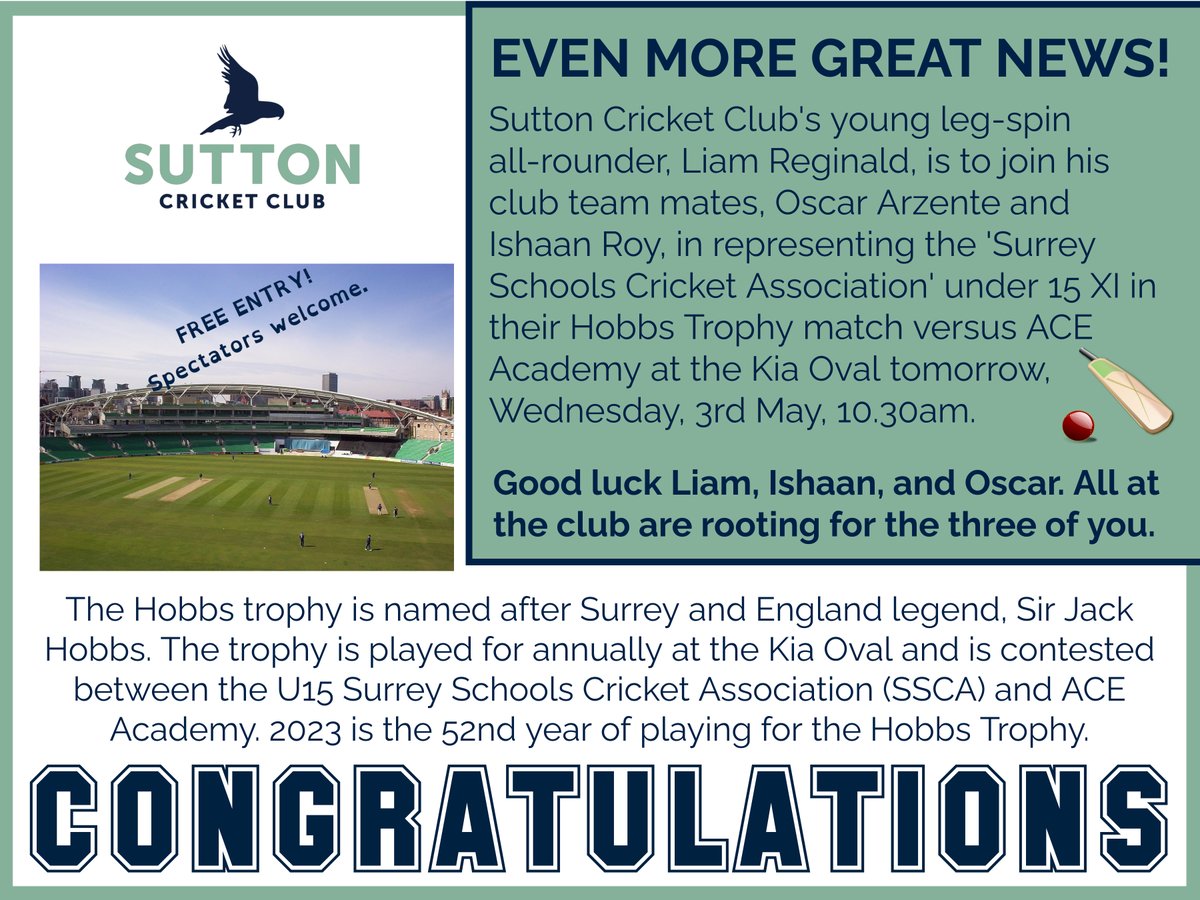 SuttonCricket's tweet photo. @SuttonCricket @suttonwomensCC @AceProgramme
@SchoolsSports #SuttonCricket #StateSchoolCricket .......and the good news just keeps on coming ⬇️ https://t.co/FA6ydgOeJK