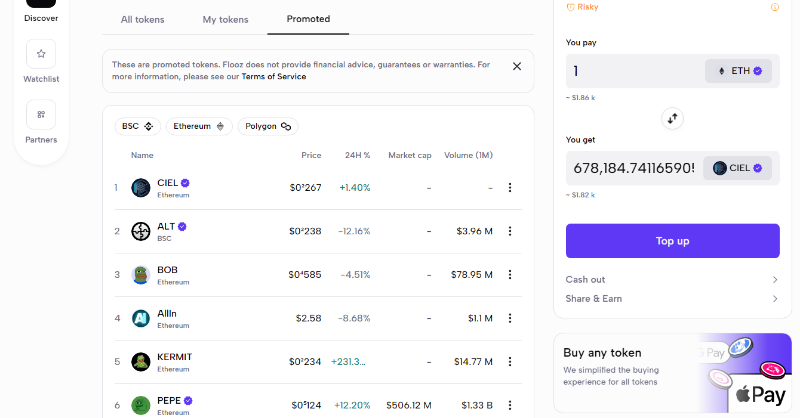 CielProtocol's tweet image. 🚀 Exciting news, #CielProtocol fam! 🚀 We&apos;ve partnered with @flooz_xyz to offer a BUY NOW button for purchasing $CIEL tokens! 💫

✅ Buy #ETH &amp;amp; instantly receive $CIEL
✅ Hassle-free experience for newcomers &amp;amp; pros alike
@pepecoineth $PEPE #PEPE 🐸🌟 #DeFi  @CielCommunity…
