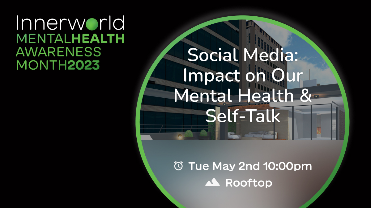 Our first event of #MentalHealthAwarenessMonth is coming up tonight at 10pm EST! Come to “Social Media: Impact on Our Mental Health &amp; Self Talk” and dive into the profound effects of social media on our thoughts, feelings &amp; behaviors. 

#Innerworld #vr #event #mentalhealth 💚
