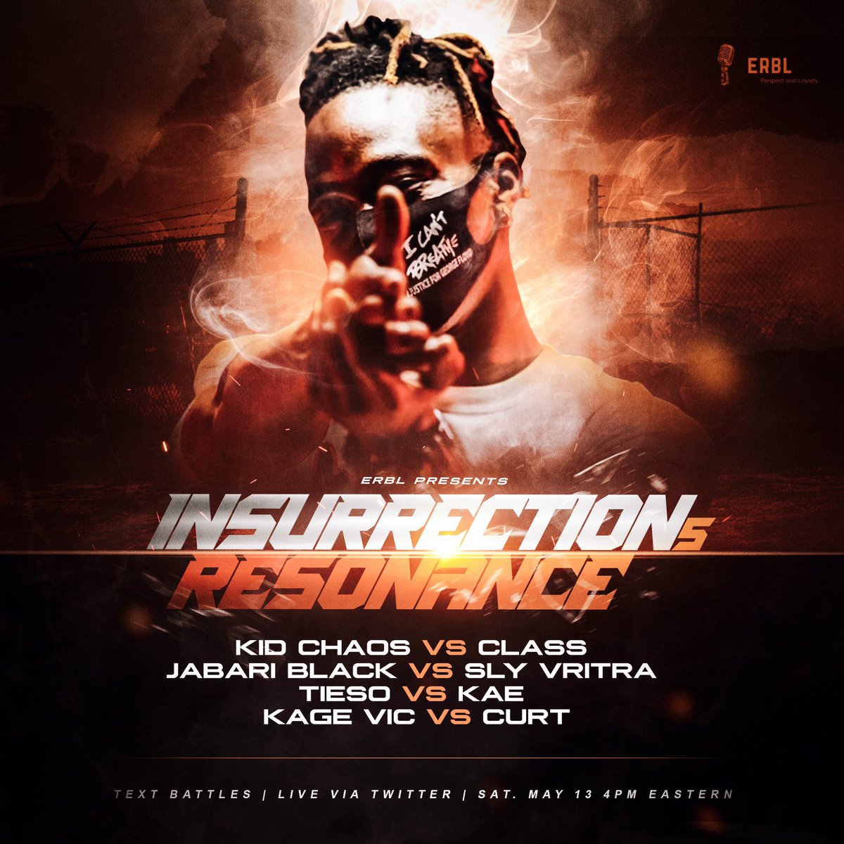 ErblBattleRap's tweet image. The No. 1 text battle league is back with another big card. This time we invited over a very dope pen to showcase his talent on paper @KidChaosMIA 

🚨INSURRECTION 5 : RESONANCE 🚨

🚨Saturday 13 May @ 4PM EST live in ERBL GC🚨

DM @ERBL_HOF for access to the chat.

TUNE IN ‼️