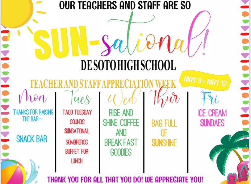 Booster Club plans to spoil our amazing staff next week during Staff Appreciation Week! We will do all the ordering and shopping on behalf of all of DHS parents. Please donate via Venmo @desotocatboosters w/all donations going towards showing our staff our appreciation!