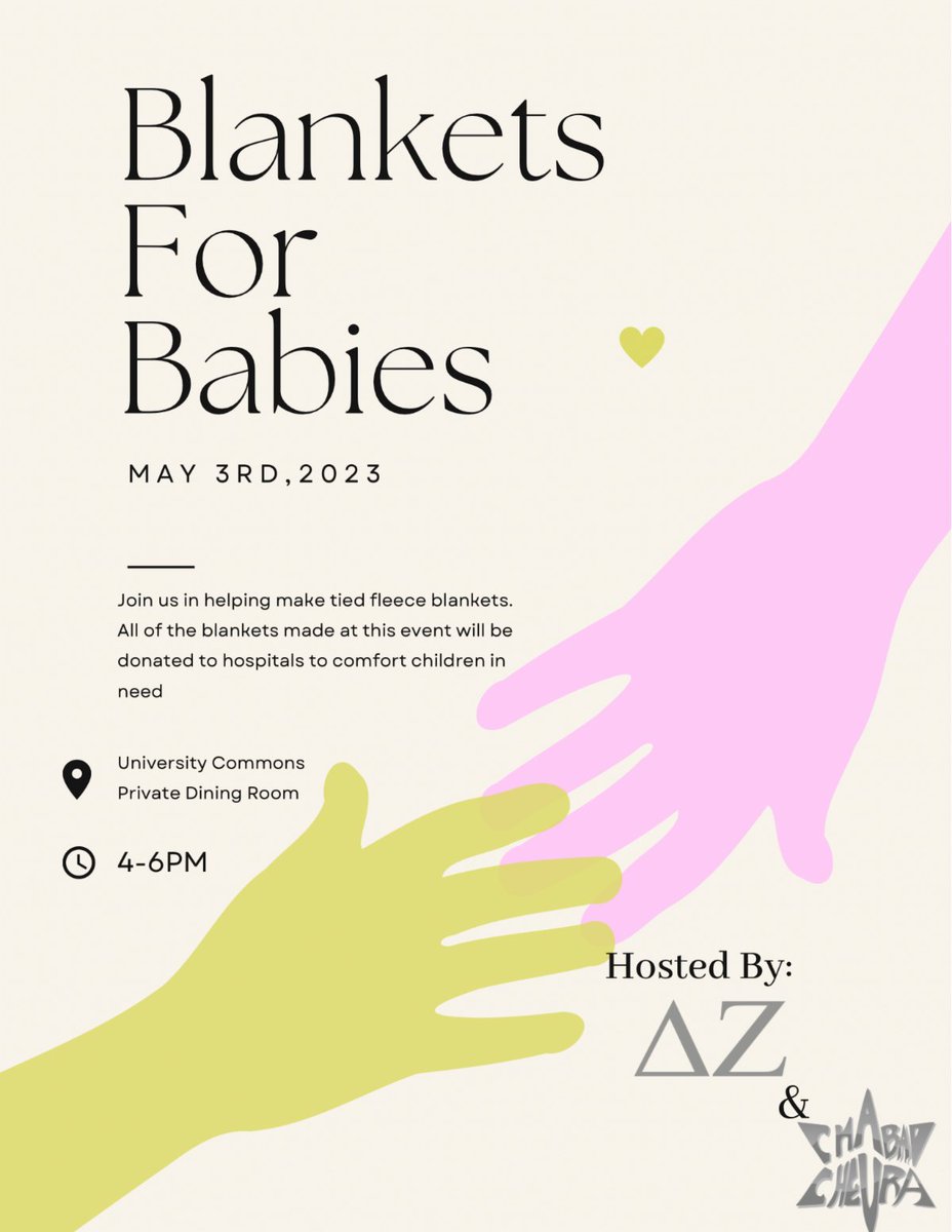 ChabadChevra's tweet photo. Blankets 4 Babies!
Wednesday, May 3 @ 4p
Commons Private Dining Room
https://t.co/GKOMkKC5Mj https://t.co/gv2dzktVqH