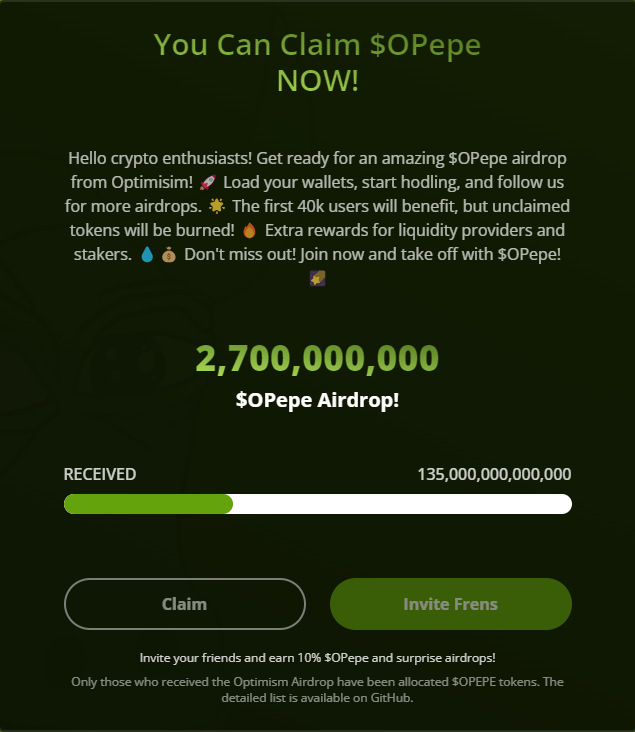 #Optimism Airdrobu alanlara Pepe token airdrobu başladı.#Optimism ağında hype başlamadan erkenden yerinizi alın. 

link: optimisticpepe.com/?ref=0x2e2f379……

Contract: 0x384fabB05F28389Afc16fC8bcB08B55eD97Fa597