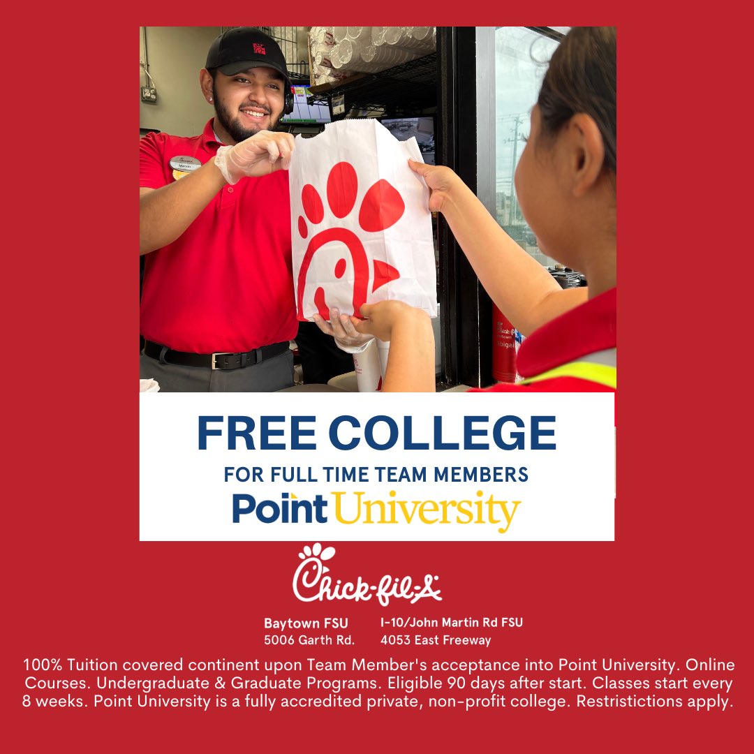 CFAbaytown's tweet photo. Q: What’s better than FREE college? 
A: FREE college and a Chick-fil-A career! 

Join our Team 
www.pleaseapplyonline/cfabaytown 
100% Tuition Covered
Online Courses
Undergraduate and Graduate Programs
Eligible 90 days after start
Fully accredited, private college
#chickfila https://t.co/XJZWEIt2la