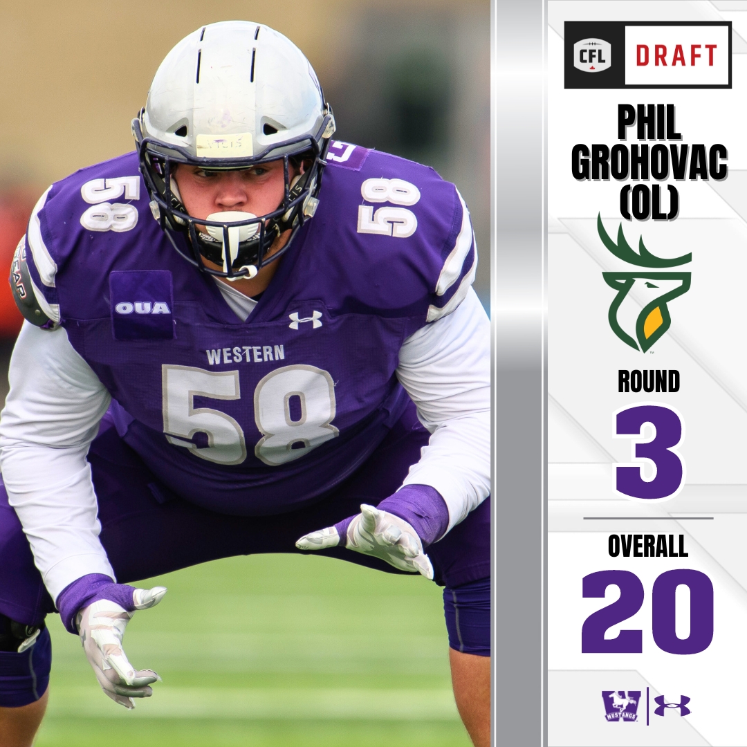 🏈 CFL DRAFT UPDATE! With the 20th pick in the 2023 #CFLDraft the @GoElks pick @westernuFB OL Phil Grohovac. Follow the @CFL draft at cfl.ca/draft-tracker/ #RunWithUs #WesternMustangs #PurpleAndProud