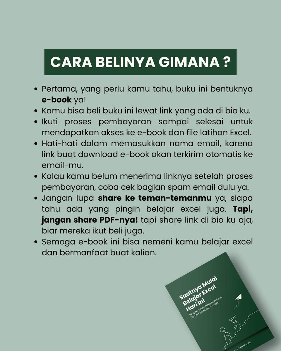 StatistikaIn's tweet image. Ebook pertamaku akhirnya udah jadi! 🎉 

&quot;Saatnya Mulai Belajar Excel Hari Ini: Langkah awal menguasai excel dengan cepat dan mudah.&quot;

#belajarexcel #ebookexcel #mulaibelajarexcel #excelmudah #excelcepat #filelatihanexcel #exceltips #statistikadalambisnis #bukuexceluntukpemula